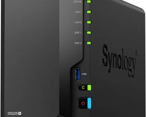 Synology 2-Bay DiskStation DS225+Brand Synology Color Black Product Dimensions  9.14″D x 4.25″W x 6.5″ 165 mm x 108 mm x 232.2 mm Material  Metal, Plastic Call for price