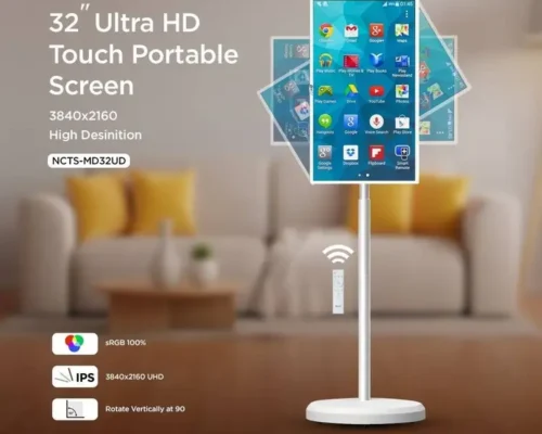 Portable Smart Display Monitor, 32″ UHD LED Display, Ten-Point Capacitive Touch, S8GB RAM, 128GB Storage, Rotate 90°, Built-In Battery Automatic Switch, Android OS