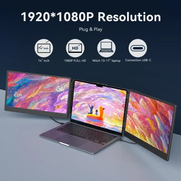 Apildella B0CDW485BJ 14" Triple Laptop Screen Extender 1080P FHD Portable Dual Monitor USB-C HDMI UPTO 17INCH monitors in lebanon