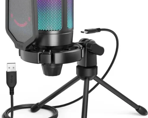FIFINE AmpliGame A6V USB Microphone with RGB Tap-to-Mute, Gain Knob, and Tripod