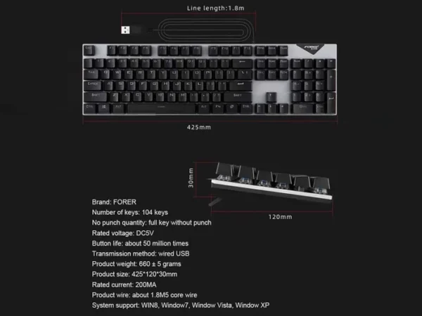 FOREV FV-Q302 illuminated mechanical keyboard with cable 104 EN keys Silver color GAMING KEYBOARD IN LEBANON