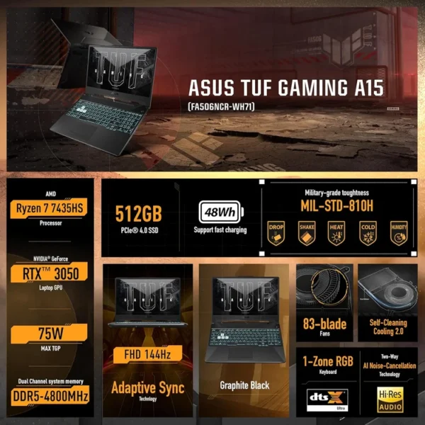 90NR0JV7-M006Y0 ASUS TUF A15 RYZEN 7-7435HS 8GB 512NVME 15.6 144HZ 4GB RTX 3050 W11 Gaming Laptop 1 year warranty Laptop in Lebanon