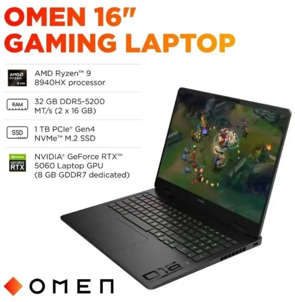 BP1Q1UA#ABA HP OMEN 16 Gaming Laptop, AMD Ryzen 9 8940HX, 1TB SSD, 32GB DDR5, 16.0 Inch, 1920x1200, Nvidia GeForce RTX 5060 8GB, W11H, Shadow Black, 1 Year Warranty