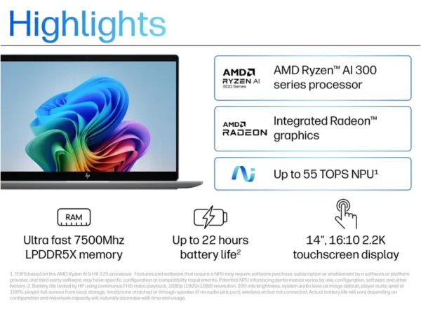 14-FD0023DX Hp OmniBook Ultra 14 AMD Ryzen™ AI 9 375 32 GB 2 TB SSD 14 2.2K (2240 x 1400) TOUCHSCREEN AMD Radeon™ Graphics Meteor Silver Win11 Business Laptop 1 year warranty Laptop in Lebanon