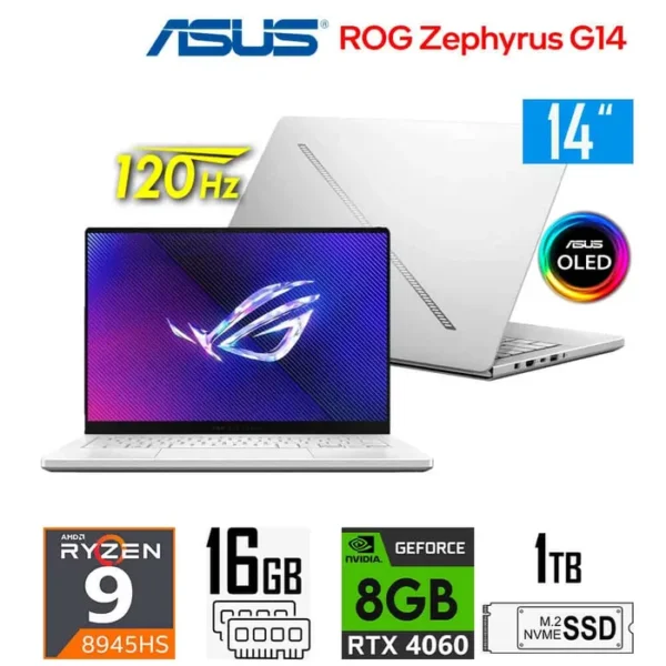Asus ROG Zephyrus G14 AMD Ryzen 9 8945HS 16GB 1TB SSD 14" 3K OLED 120Hz NVIDIA RTX 4060 8GB Platinum White Win11 Sold