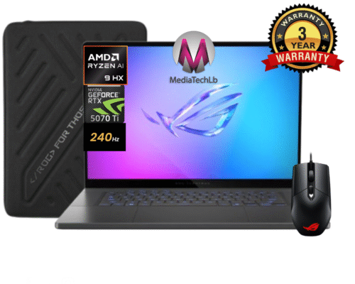 ASUS ROG ZEPHYRUS G16 AMD Ryzen™ AI 9 HX 370 64GB DDR5 ON BOARD 1TB NVME EN14″ 3K (2880 x 1800) 120HZ OLED RTX 5070TI 12GB DOS + ROG Impact Gaming Mouse + ROG Zephyrus G14 Sleeve