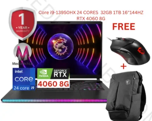 MSI GAMING Raider GE68HX Intel Core i9-13950HX 24CORE 32GBRAM 1TB NVME 16″144HZ RTX 4060 8G FREE MSI MOUSE+Backpack