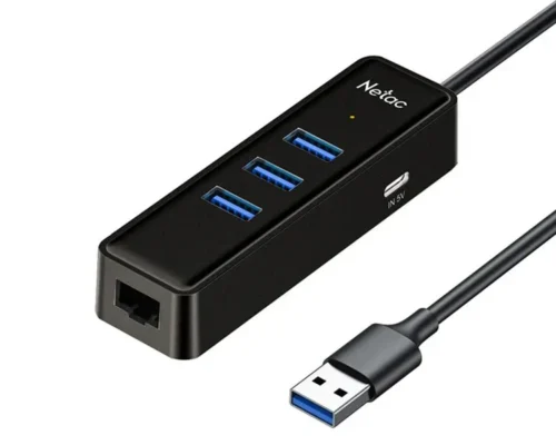 WF12 USB 3.0 Hub with RJ45 Supports Mac OS/Windows/Linux Up to 5Gbps transfer rate 3 USB-3.0 Ports 1 RJ45 Ethernet port supports 10/100/1000Mbps 1 USB-C IN (5V/3A) CONVERTER