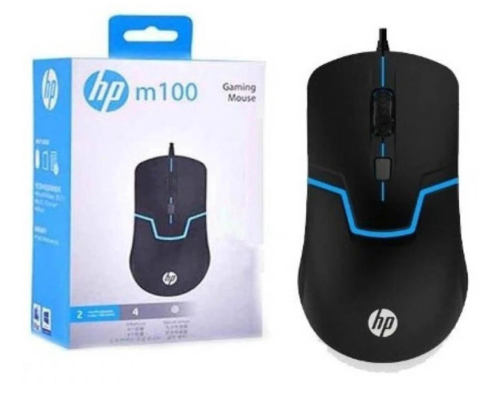 HP Gaming Mouse M100 in its retail packaging, featuring an optical sensor and LED backlight