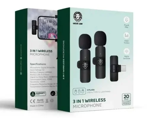 Green Lion Wireless Microphone 2 Users TypeC AUX Lightning 3 in 1 Plug & Play Supports All Mobiles