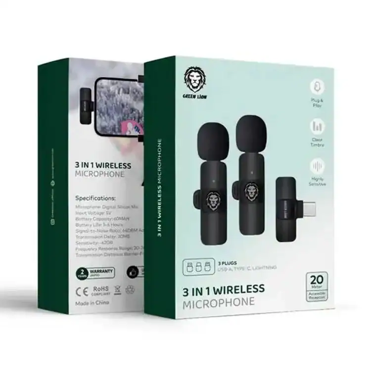 Green Lion GN3WIRMICPBK Wireless Microphone 2 Users TypeC AUX Lightning 3 in 1 Plug & Play Supports All Mobiles ACCESORIES IN LEBANON